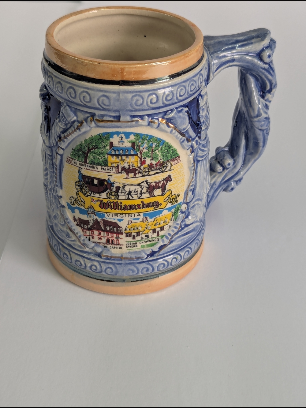Vintage Colonial Williamsburg Virginia Stein Mug Japan Blue Relief Beer Stein So